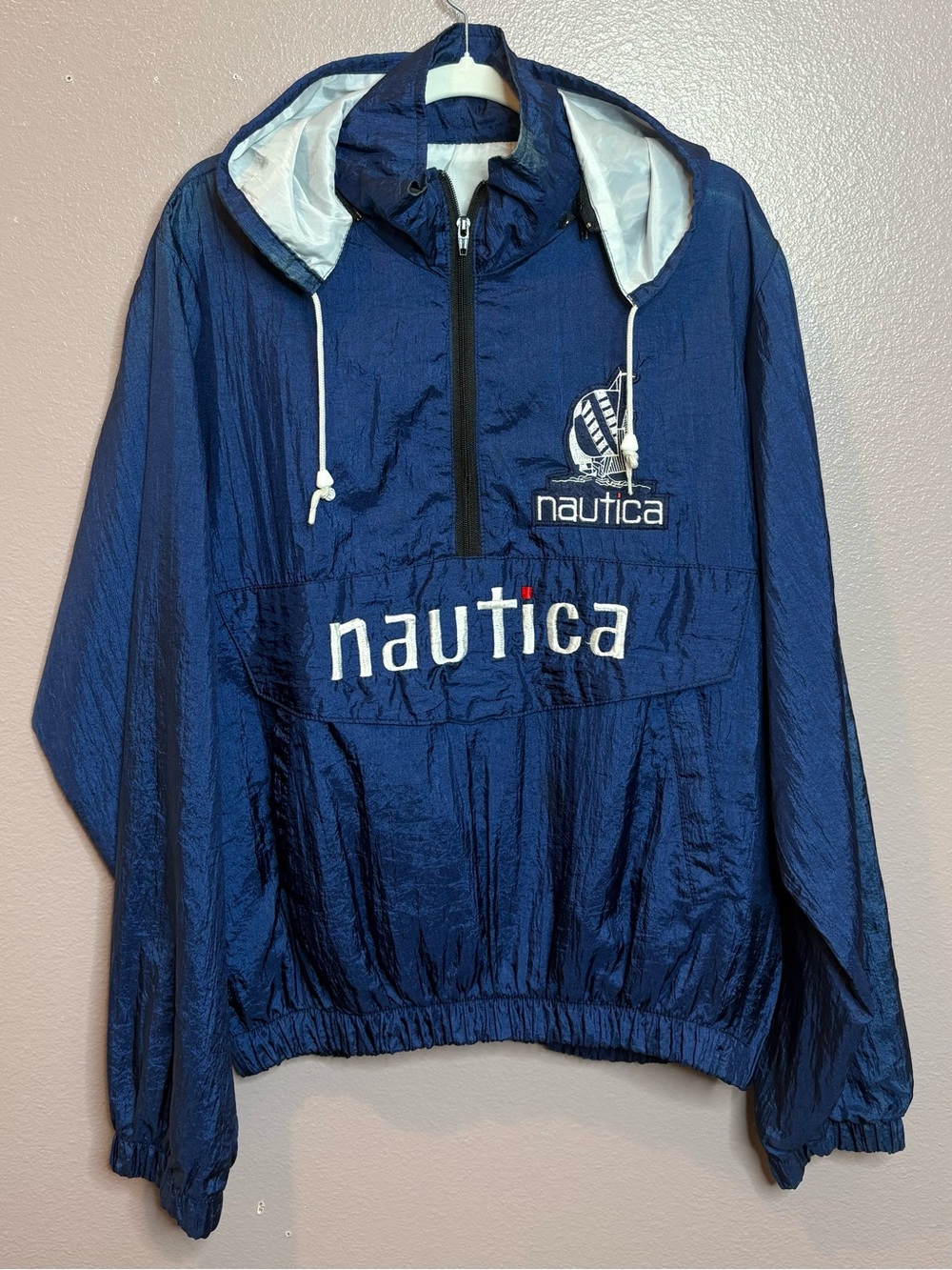 Nautica Navy Blue Pullover Windbreaker with White Hood Accents